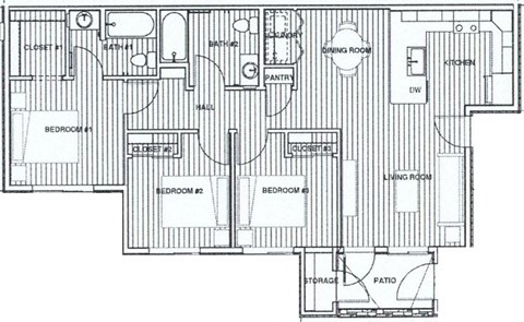 Floor plan for 3 beds, 2 baths, 1135 sqft